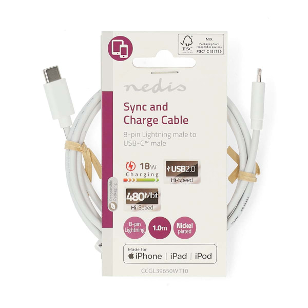 Lightning Kabel | USB 2.0 | Apple Lightning, 8-stifts | USB-C™ Hane | 480 Mbps | Nickelplaterad | 1.00 m | Rund | PVC | Vit | Label