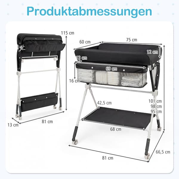 Bærbart, foldbart puslebord med justerbar højde, sort
