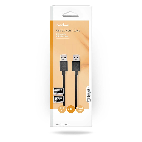 USB-kabel | USB 3.2 Gen 1 | USB-A Han | USB-A Han | 5 Gbps | Nikkelplateret | 2.00 m | Runde | PVC | Sort | Box