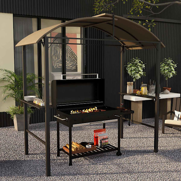 Bbq Grill Pavilion 1,1 X 2,3 M Säänkestävä Puutarhahuvimaja Polyesterikatolla, Sivuhyllyt, Grilleille 100 Cm Asti, Teräs, Khaki