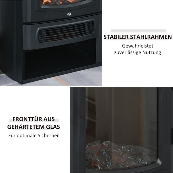 Elektrisk pejs med LED-flamme, 1000W/2000W, sort