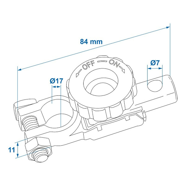 Akun liitin (-) 17,5 mm katkaisijalla