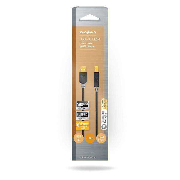 USB-kabel | USB 2.0 | USB-A Hane | USB-B Hane | 480 Mbps | Guldplaterad | 3.00 m | Rund | PVC | Antracit | Kartong med fönster