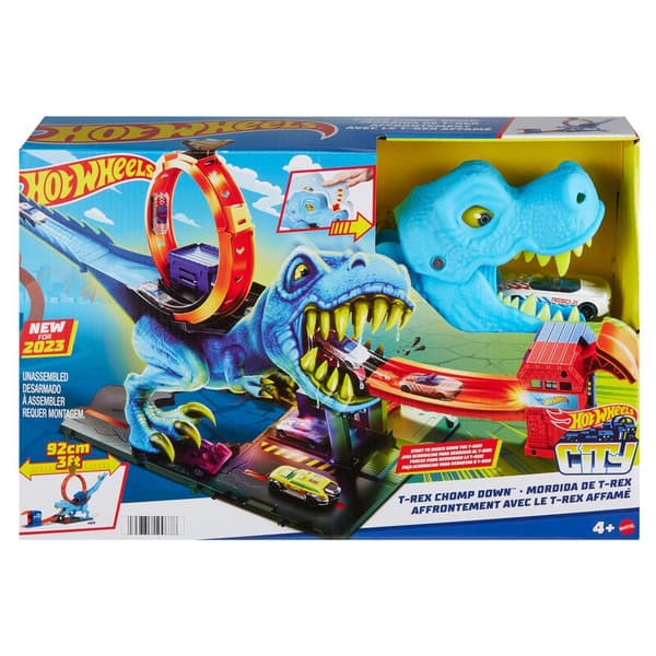 T-Rex Chomp Down -leikkisetti Hot Wheels -autoilla ja -radalla