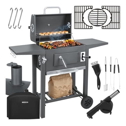 Trädgårdskolgrill med lock, gjutjärnsgaller, termometer