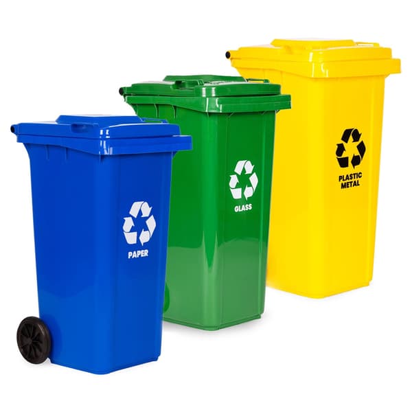 Affaldsbeholdersæt, 3x120L, HDPE, Blå/Grøn/Gul