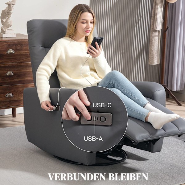 Elektrisk vilstol TV-stol med liggfunktion, gungfunktion, USB- och USB-C-portar, vridbar vilstol med justerbart ryggstöd, för vardagsrum, grå Aosom