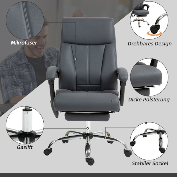 Kontorsstol med massagefunktion, chefsstol justerbar i höjdled, med liggfunktion, ergonomisk, mörkgrå