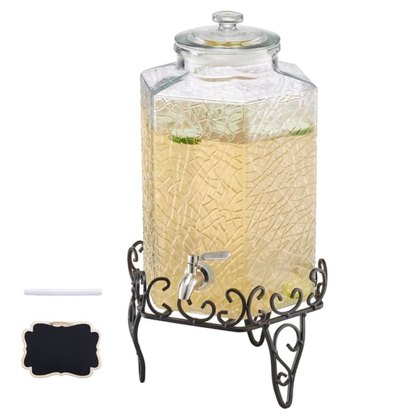 Glas drikkevaredispenser 10L med stativ, stålhane