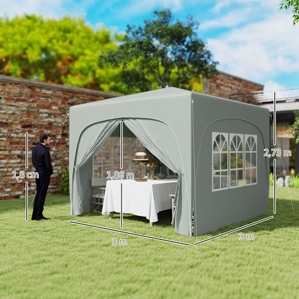 Lusthus 3x3m, vattenavvisande, stabilt, vintertätt pop-up hopfällbart lusthus, UV-skydd 50+, hopfällbart partytält, trädgårdstält med 4 sidopaneler, p
