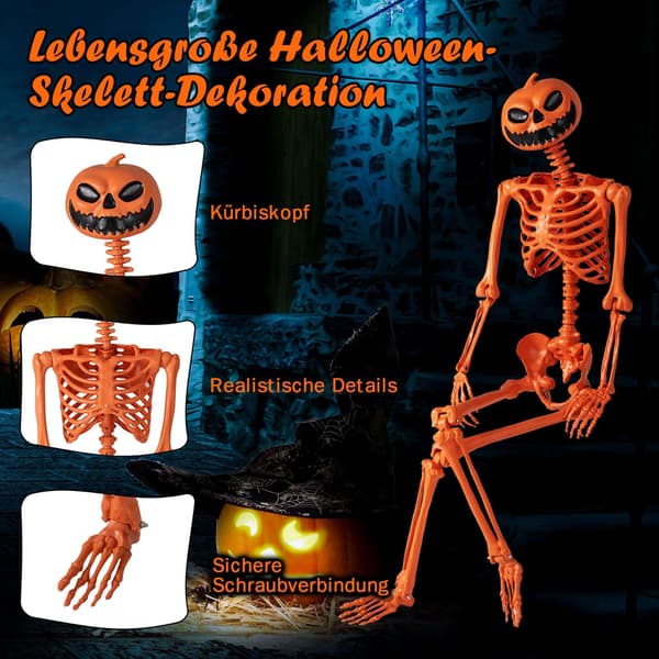 Rörligt 1,6 m Halloweenskelett med pumpahuvud