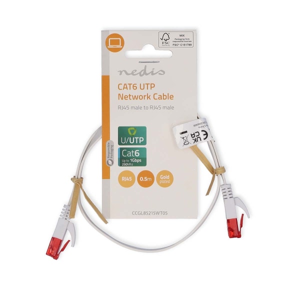 CAT6 Verkkokaapeli | RJ45 uros | RJ45 uros | U/UTP | 0.50 m | Snagless | Litteä | PVC | Valkoinen | Label