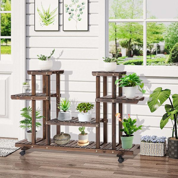 Flower Stand Plant Hylde, Fire Etagers Blomsterhylde, Massivt Træ, Charred, 123,5X33X80Cm