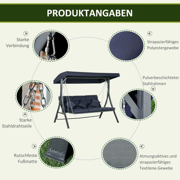 3-Sits Hollywood-Gunga, Gungbänk Med Justerbart Soltak, Trädgårdsgunga Med Dyna, Lastkapacitet Upp Till 270 Kg, Metall, Textlinje, Mörkblå, 198 X 118
