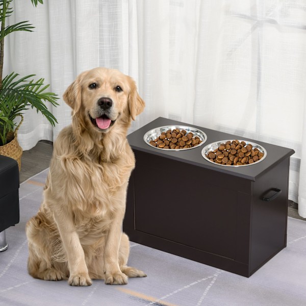 Hundmatskål Med Förvaringsutrymme 2 Skålar Foderstation Rostfri Skål Kattskål Mdf Rostfri Espresso 60 X 30 X 41 Cm