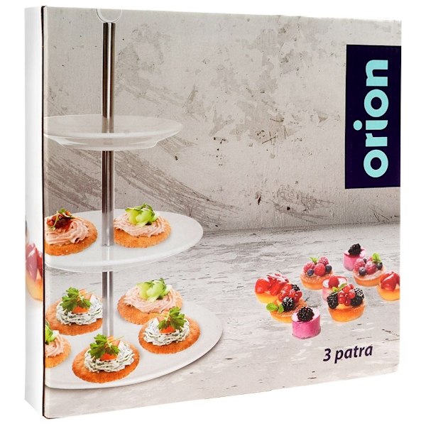 Elegant serveringsfad i tre niveauer i porcelæn og rustfrit stål