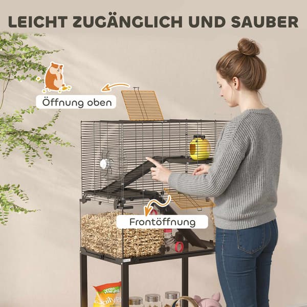 Kolmikerroksinen hamsterinhäkki pyörillä ja lisävarusteilla