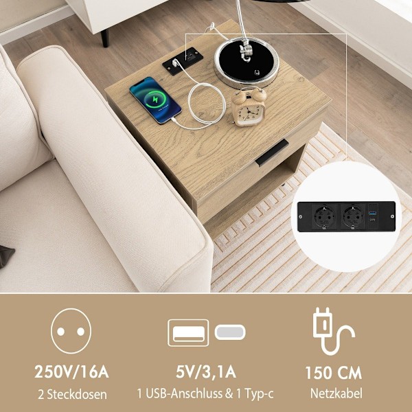 Moderne sengebord med ladestation & skuffe & åbent rum sidebord opbevaringsbord