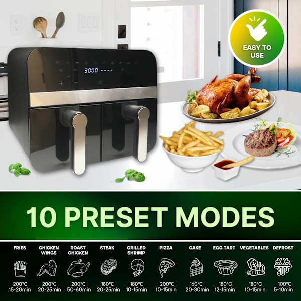 Comfy Nest CN-AFD45NB: 2400W Black Double Basket Digital Air Fryer - 9L
