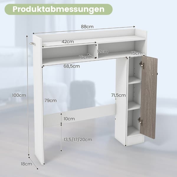 Toalettskåp, badrumsöverskåp med justerbara hyllplan, vit