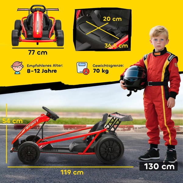 24V elektrisk gokart til drifting, 8-12 år, rød