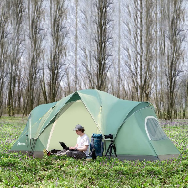 Camping Teltta 5-6 Hengelle Tunneliteltta Tapeilla, Kupoliteltta, Polyesteri, Armeijanvihreä + Musta, 4,55X2,3X1,8M
