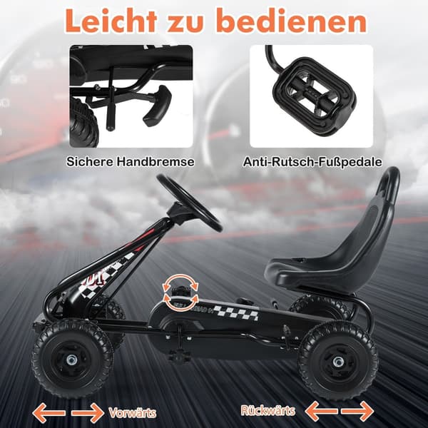 Pedal Gokart til børn, justerbart sæde, håndbremse, sort