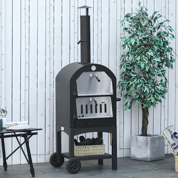 Pizzauuni Ulkona 2-In-1 Pyörillä, Grilliuuni, Suojakansi, Pizzalapio, 2 Grilliverkkoa, 3-Kerroksinen Puulämmitteinen Uuni, 63X54X161Cm