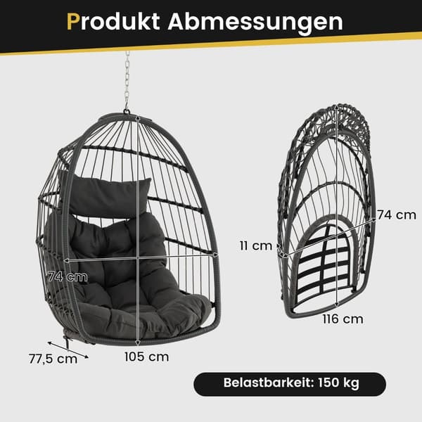 Hængende Æggestol, Sammenfoldelig PE Rattan med Hynde, Grå