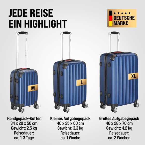 3-delt hård kuffertsæt, blå, ABS, let, holdbar
