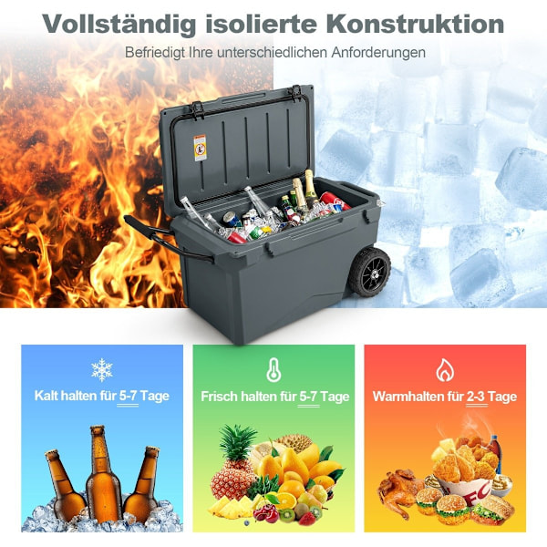 71 litran eristetty laatikko pullonavaajalla ja kahvalla ja pyöräillä kannettava jäähdytyslaatikko lämpösäiliö harmaa