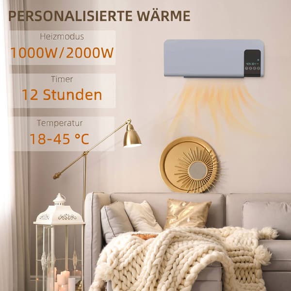 Seinälle asennettava sähkölämmitin, harmaa, 2 tilaa, ajastin, LED-näyttö