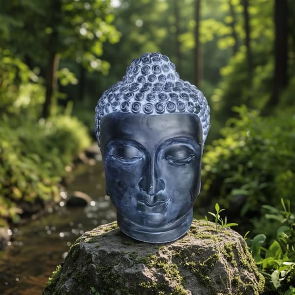 Buddhahuvudskulptur, polyresin, lavastenfinish
