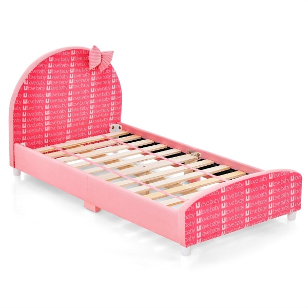 140 x 70 cm børneseng med blød sengegavl og fodgærde lamelstel babyseng pink sløjfe