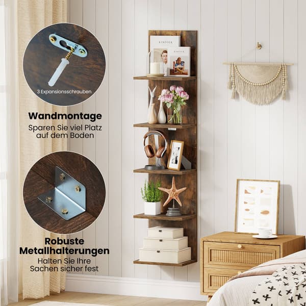 Väggmonterad trähylla med 5 våningar, rustik brun