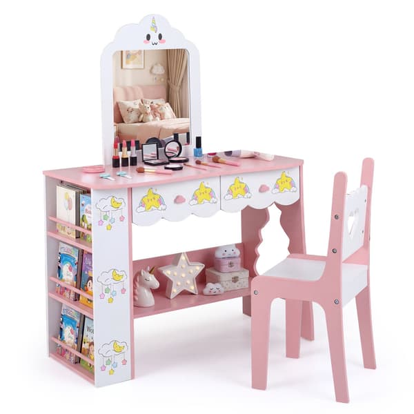Barnmöbelset med spegel och stol – rosa och vit MDF