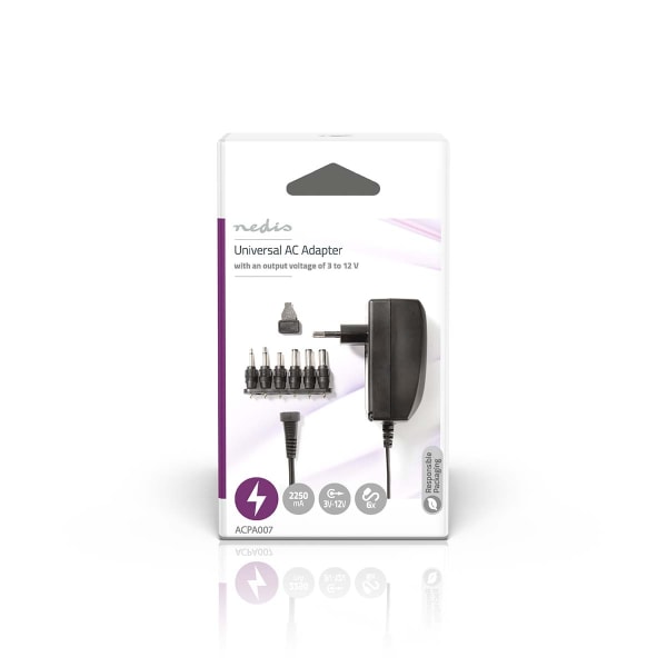 Universal AC Power Adapter | 27 W | 3 - 12 V DC | 1.80 m | 2.25 A A | 6 plug(s) | Sort