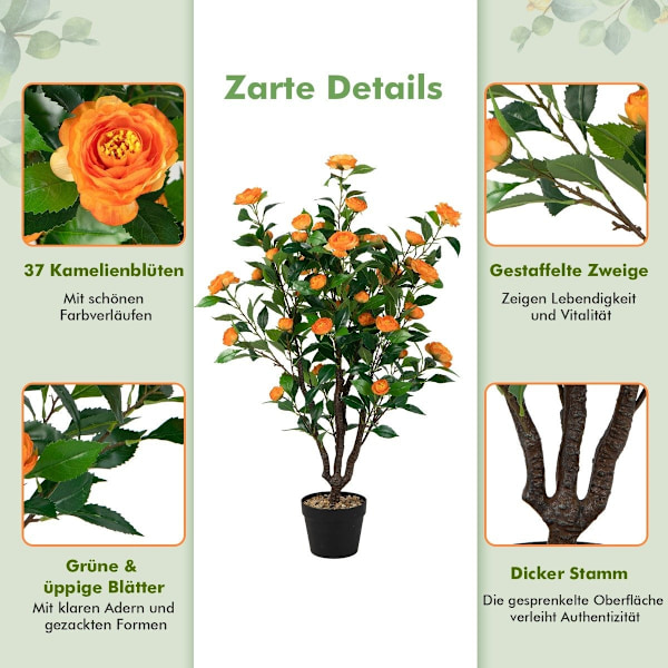 Kunstig Camellia Tree Falsk Blomstrende Camellia Plante Grøn + Gul