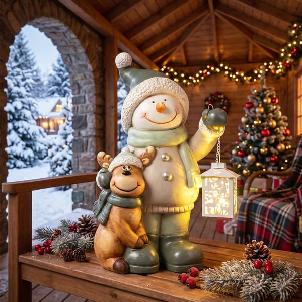 Snögubbefigur 43 cm med LED-lykta och timer