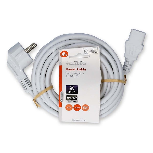 Strømkabel | Stikprop med sidebens jord – Han | IEC-320-C13 | Vinklet | Lige | Nikkelplateret | 5.00 m | Runde | PVC | Hvid | Label