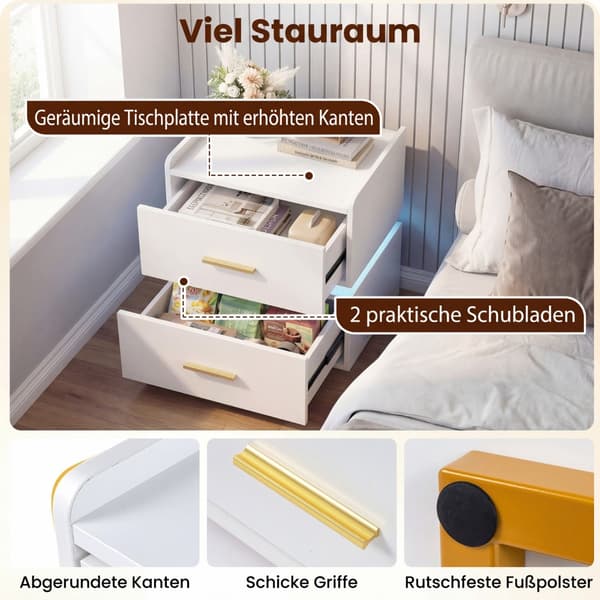 Natbord med LED-lys og ladestation, 2 skuffer
