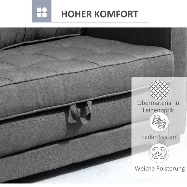 Bäddsoffa, hopfällbar soffa, 2-sits, bäddsoffa med sovfunktion, linnetouch, gummiträ, grå, 147,5x75x85cm