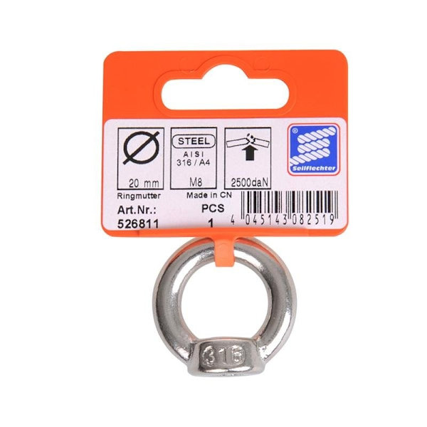 Ringmutter M8. A4 RVS AISI 316
