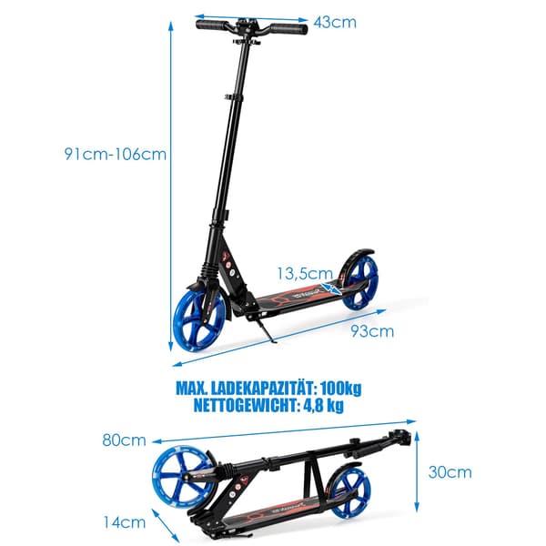 Barnsparkcykel med LED-hjul, justerbart handtag, svart/blå