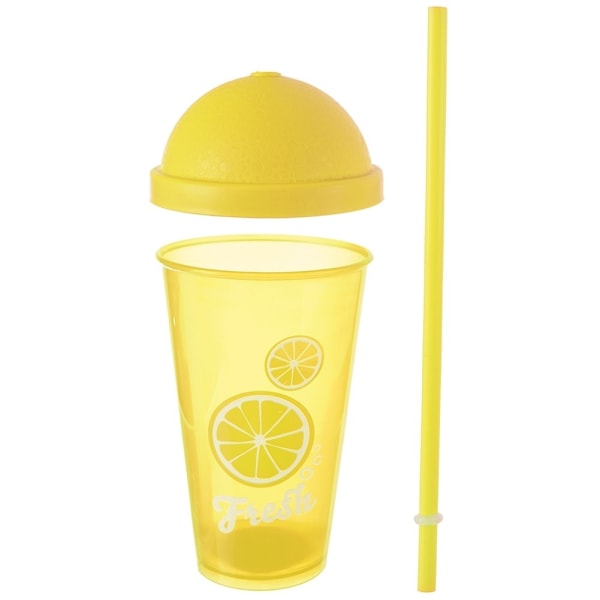 Gult drikkekrus med låg og sugerør til smoothies og iste