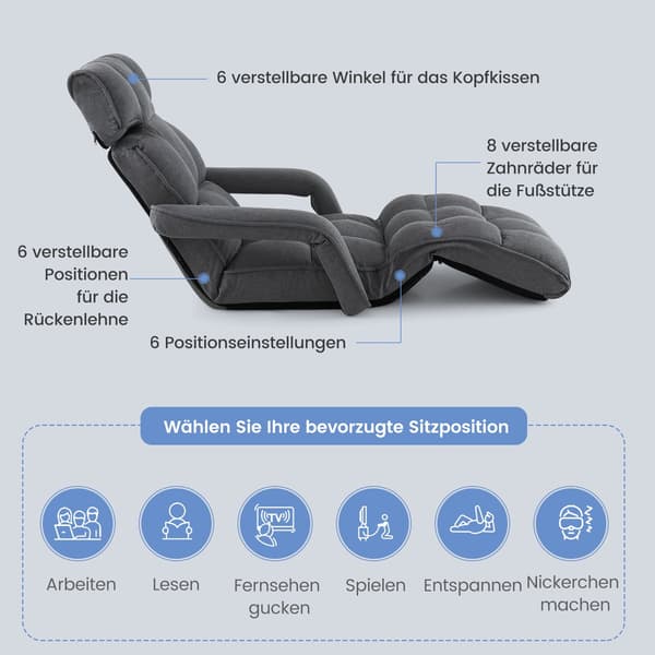 Justerbar foldbar sovesofa, mørkegrå, 6 positioner