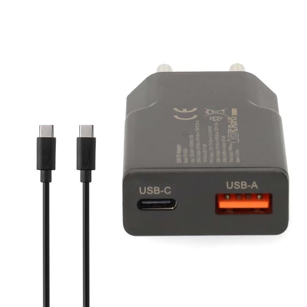 Dual Port GaN Vægoplader, 30W, USB-C & USB-A, Sort