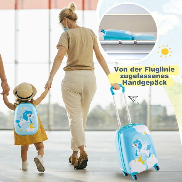2-delad barnresväska + ryggsäck av plast barnvagn barnbagage 12" + 16" blå enhörning