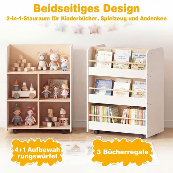 Børnebogreol med 3 niveauer og hjul, dobbeltsidet display