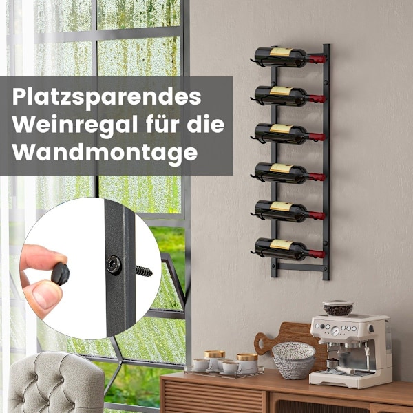 Vinreolvæg til 6 vinflasker metalflaskeholder 22 x 13,5 x 73cm sort